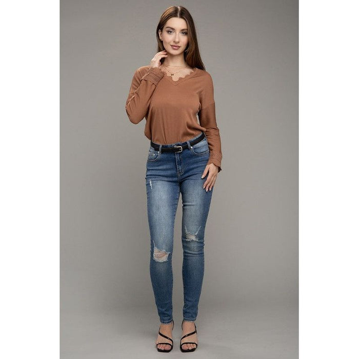 Lace Trim V Neck Long Sleeve Top