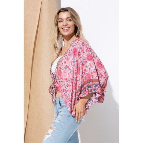 Light Woven Squared Open Kimono Cardigan With Tie