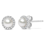 Bids.com 10K White Gold 4.5mm Cultured Freshwater Pearl and 1/7 Cttw Diamond Halo Stud Earring (I-J Color, I1-I2 Clarity) Earrings