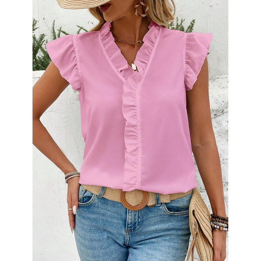 Ruffled V-Neck Cap Sleeve Blouse