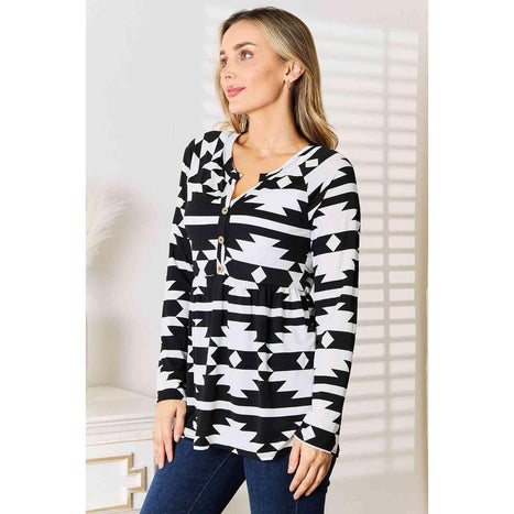 Heimish Geometric Notched Neck Long Sleeve Top