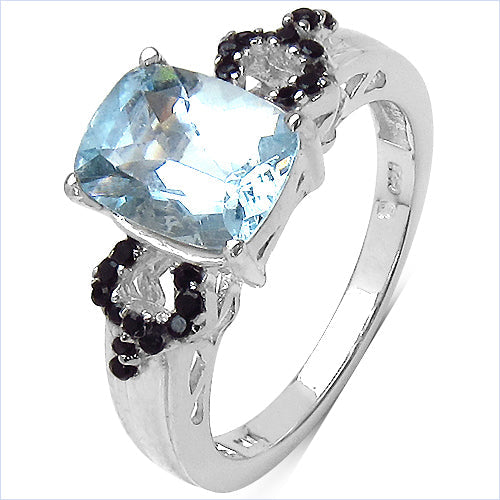 Bids.com 1.92 Carat Genuine Aquamarine & Black Spinel .925 Sterling Silver Ring Rings