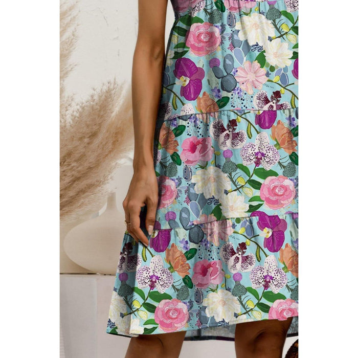 Printed Round Neck Sleeveless Tiered Dress