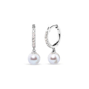 Bids.com 10K White Gold 6x6 MM Cultured Freshwater Pearl and Diamond Accent Drop Huggy Earring (H-I Color, I1-I2 Clarity) Earrings