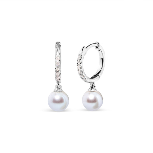 Bids.com 10K White Gold 6x6 MM Cultured Freshwater Pearl and Diamond Accent Drop Huggy Earring (H-I Color, I1-I2 Clarity) Earrings
