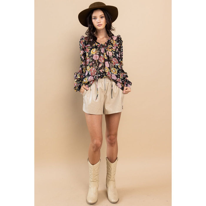 Ces Femme Ruffle Trim Long Sleeve Floral Blouse