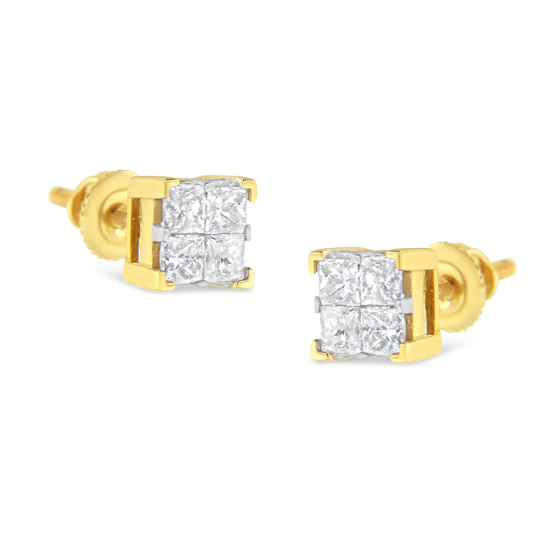 Bids.com 10K Yellow Gold 3/4 Cttw Invisible Set Princess-Cut Diamond Composite Square Stud Earrings (I-J Color, I2-I3 Clarity) Earrings