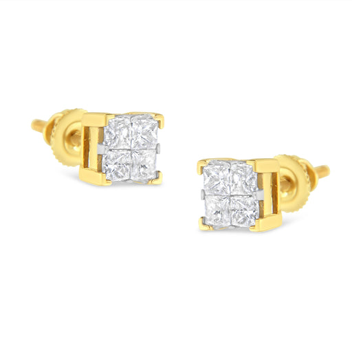 Bids.com 10K Yellow Gold 3/4 Cttw Invisible Set Princess-Cut Diamond Composite Square Stud Earrings (I-J Color, I2-I3 Clarity) Earrings