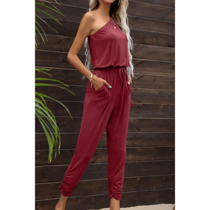 Drawstring Waist One-Shoulder Jumpsuit with Pockets