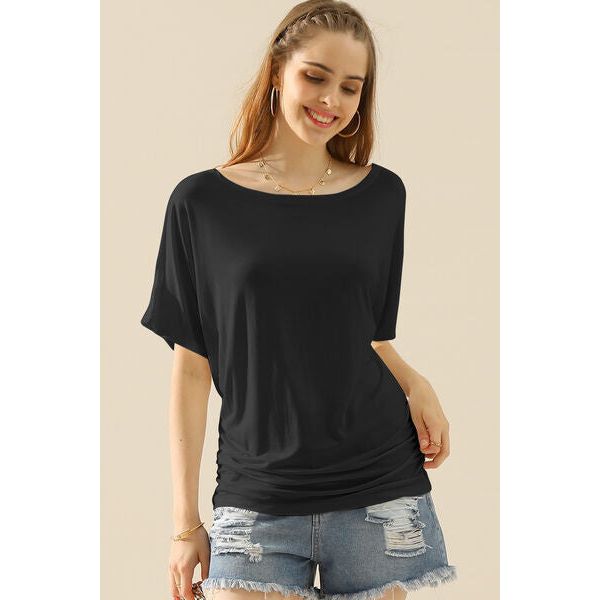 Ninexis Boat Neck Short Sleeve Ruched Side Top