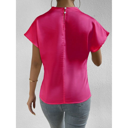 Ruched Mock Neck Short Sleeve Blouse