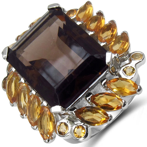Bids.com 17.85 Carat Genuine Smoky Quartz & Citrine .925 Sterling Silver Ring Rings