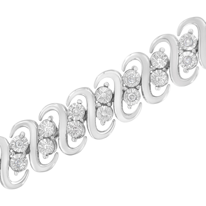 Bids.com .925 Sterling Silver 1/4 cttw Round-Cut Diamond Double Row Wrapped S-Link Bracelet (I-J Color, I2-I3 Clarity) - Size 7.25" Bracelets