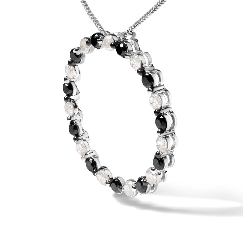 Bids.com .925 Sterling Silver 1 3/4 Cttw Alternating Black and White Diamond Open Circle Hoop Pendant Necklace (H-I Color, I2-I3 Clarity) - 18" Inches Necklaces