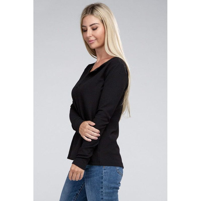 Melange Baby Waffle V-Neck Long Sleeve Top