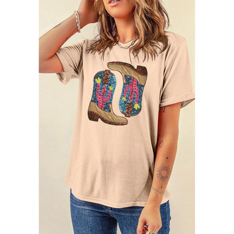 Sequin Round Neck Short Sleeve T-Shirt