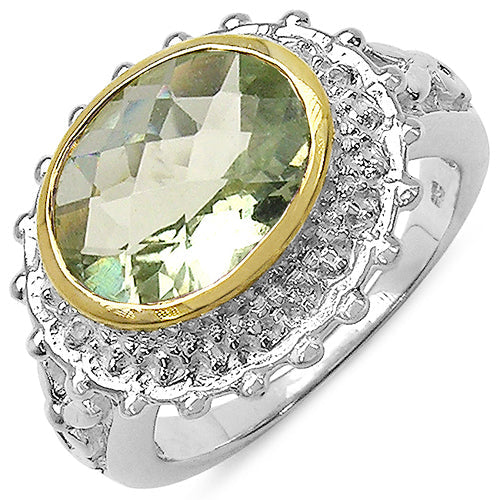 Bids.com Two Tone Plated 4.16 Carat Genuine Green Amethyst & White Topaz .925 Sterling Silver Ring Rings