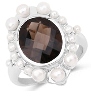 Bids.com 5.75 Carat Genuine Smoky Quartz and Pearl .925 Sterling Silver Ring Rings