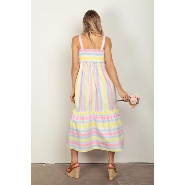 VERY J Striped Woven Smocked Midi Cami Dress