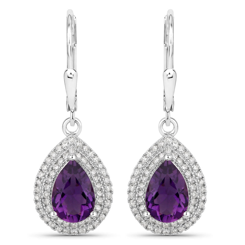 Bids.com 2.77 Carat Genuine Amethyst and White Diamond .925 Sterling Silver Earrings Earrings