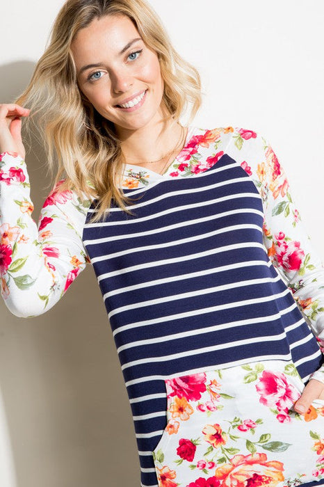 STRIPE FLORAL MIX HOODIE TOP