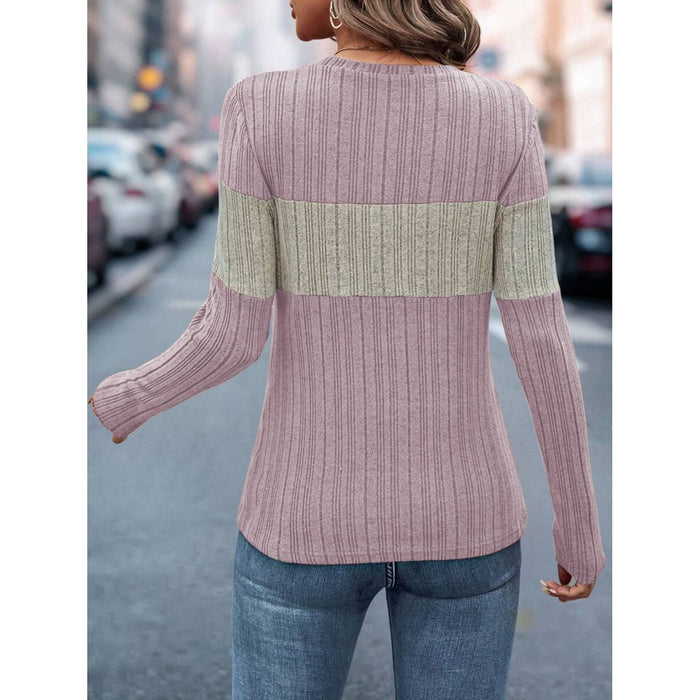 Color Block Round Neck Long Sleeve Top