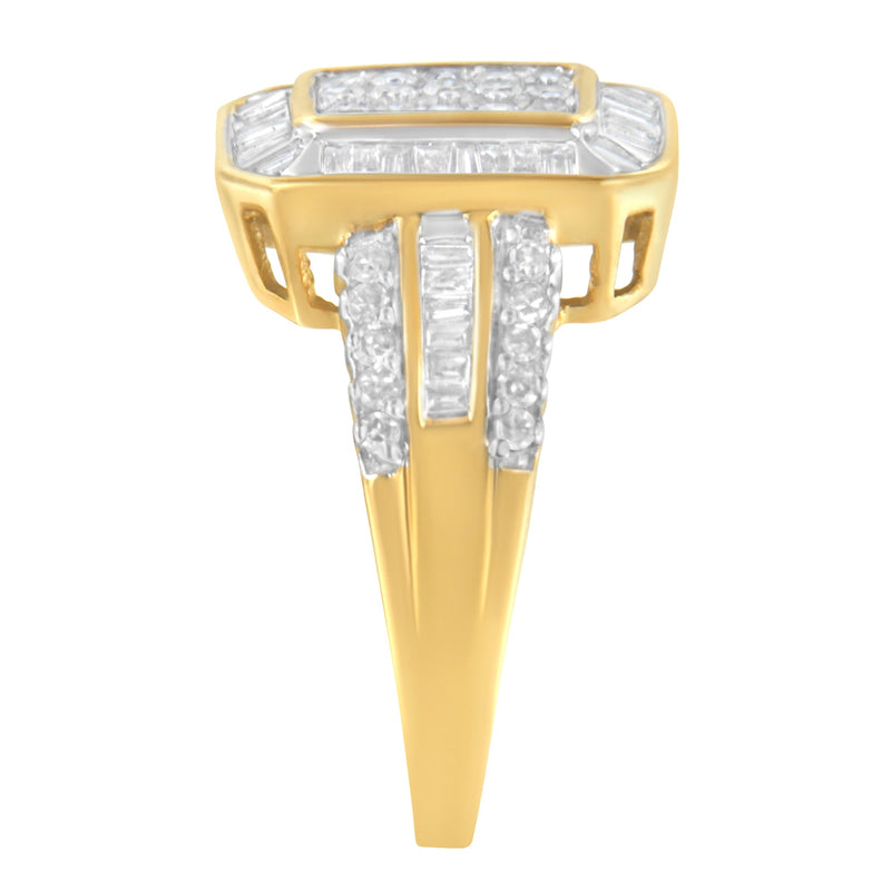 Bids.com 10K Yellow Gold Round and Baguette-Cut Diamond Cluster Ring (1.0 Cttw, I-J Color, SI1-SI2 Clarity) - Size 7 Rings