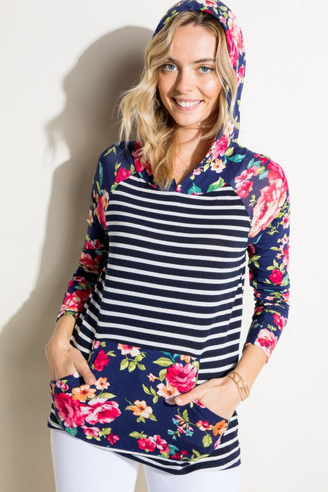 STRIPE FLORAL MIX HOODIE TOP