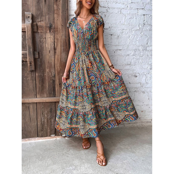 Smocked Printed Cap Sleeve Midi Dress