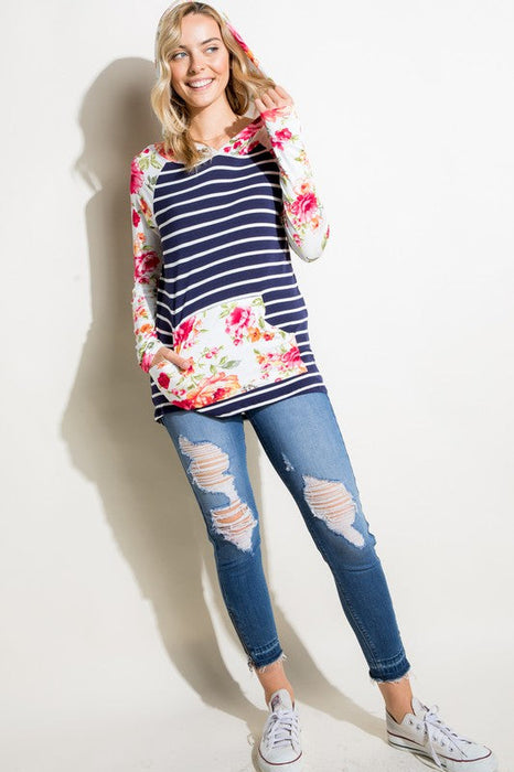 PLUS STRIPE FLORAL MIX HOODIE TOP