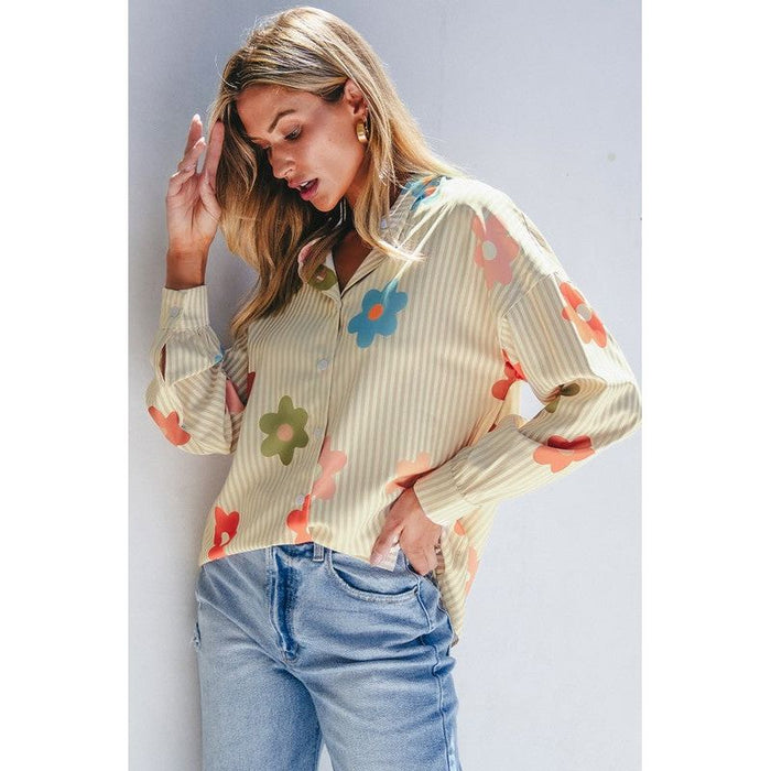 Flower Print Collared Button-up Loose Fit Blouse