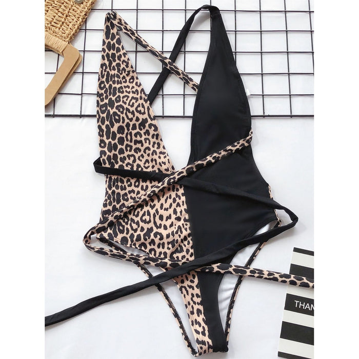 Tied Leopard Plunge One-Piece Swimwear