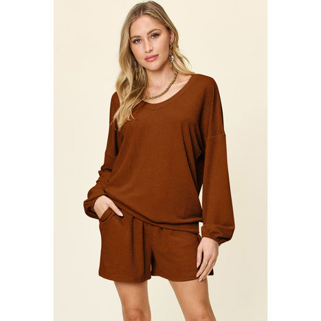 Texture V-Neck Long Sleeve T-Shirt and Shorts Set