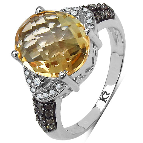 Bids.com 4.69 Carat Genuine Citrine, Champagne Diamond & White Diamond .925 Sterling Silver Ring Rings