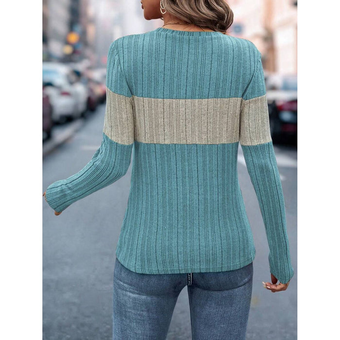 Color Block Round Neck Long Sleeve Top