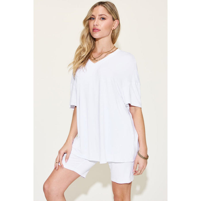 V-Neck Drop Shoulder Short Sleeve T-Shirt and Shorts Set