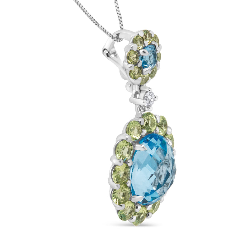 Bids.com 18k White Gold 0.05 Cttw Round Diamond and Blue Topaz and Green Peridot Gemstone Halo Drop 18" Pendant Necklace (F-G Color, VS1-VS2 Clarity) Necklaces