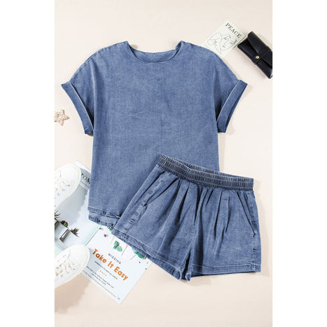 Round Neck Short Sleeve Top and Shorts Denim Set