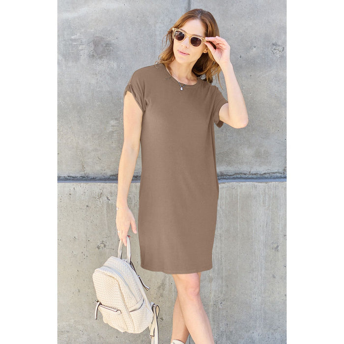 Round Neck Short Sleeve Dress with Pockets