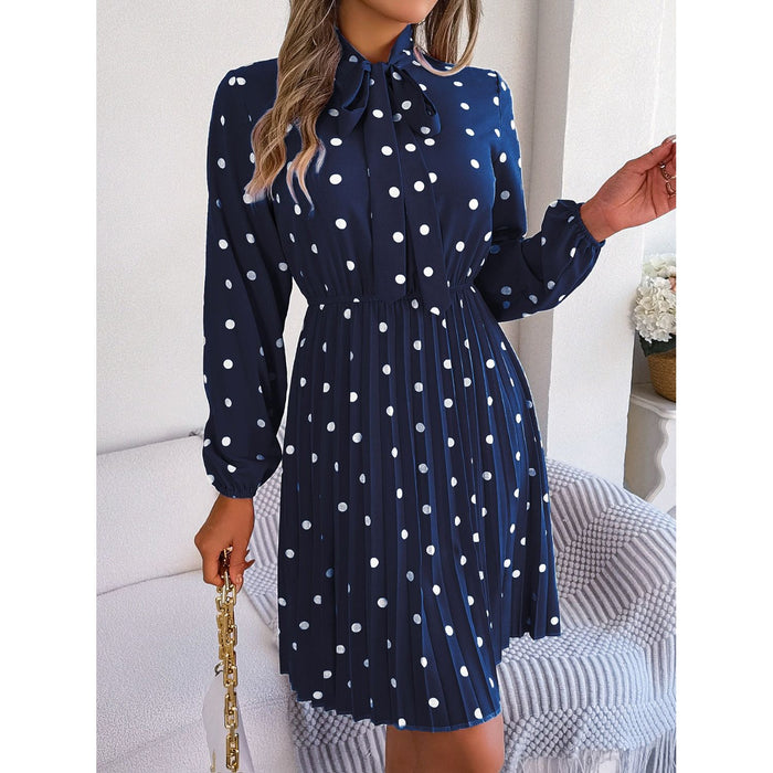 Polka Dot Tie Neck Pleated Dress