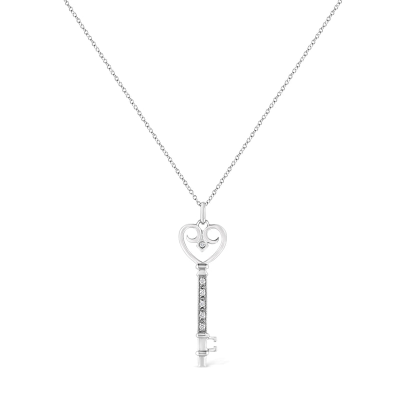 Bids.com .925 Sterling Silver Pave and Bezel-Set Diamond Accent Key 18" Heart and Lock Pendant Necklace (K-L Color, I1-I2 Clarity) Necklaces