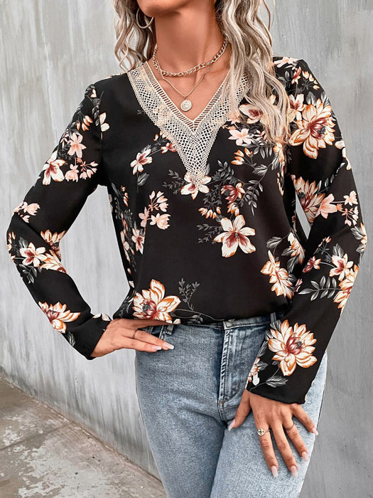 Printed V-Neck Long Sleeve Blouse