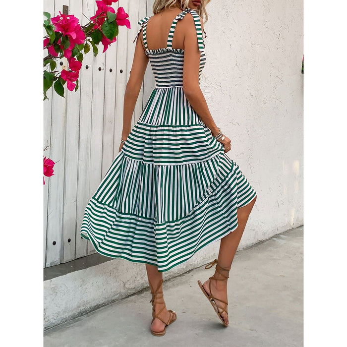 Smocked Striped Square Neck Midi Dress