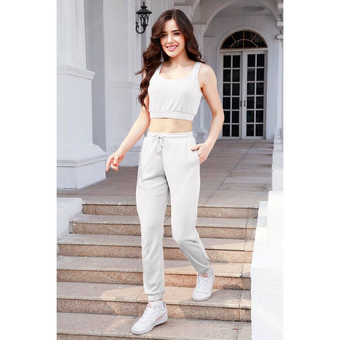 Waffle-Knit Cropped Tank and Drawstring Pants Set