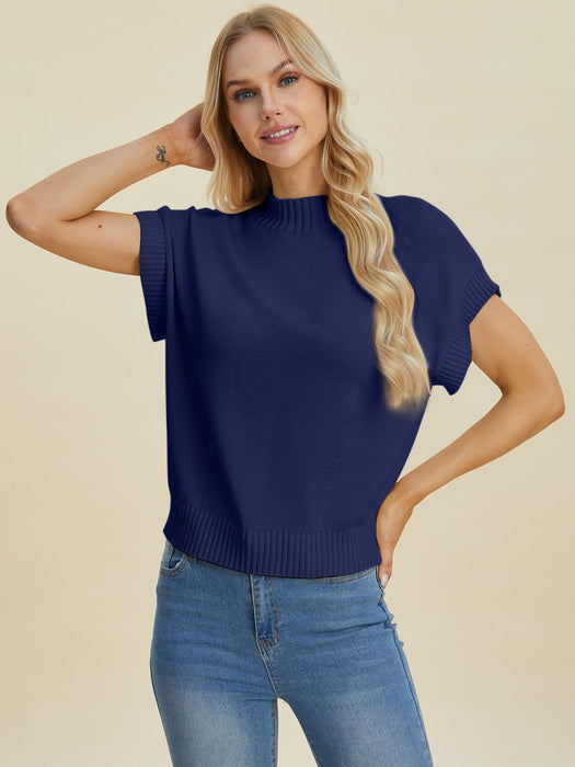 Full Size Mock Neck Short Sleeve Sweater