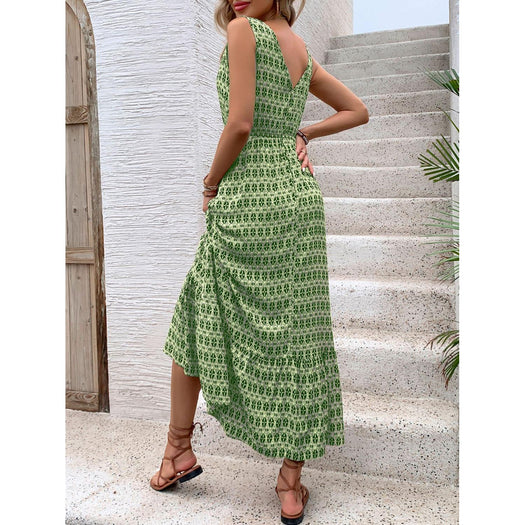 Printed V-Neck Tie Waist Midi Dress