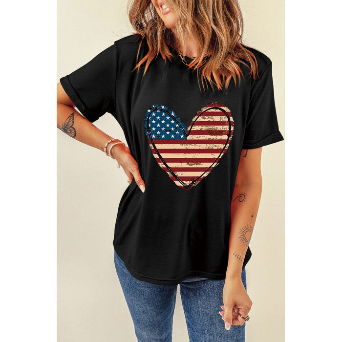 Stars and Stripes Heart Round Neck Short Sleeve T-Shirt in Black