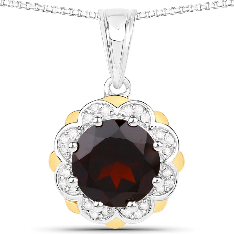 Bids.com 2.32 Carat Genuine Garnet and White Diamond 14K Yellow Gold with .925 Sterling Silver Pendant Pendants