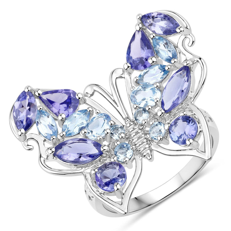 Bids.com 3.60 Carat Genuine Tanzanite and Swiss Blue Topaz .925 Sterling Silver Ring Rings