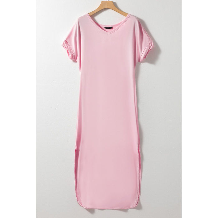 Slit Pocketed V-Neck Short Sleeve Dress in Blush Pink